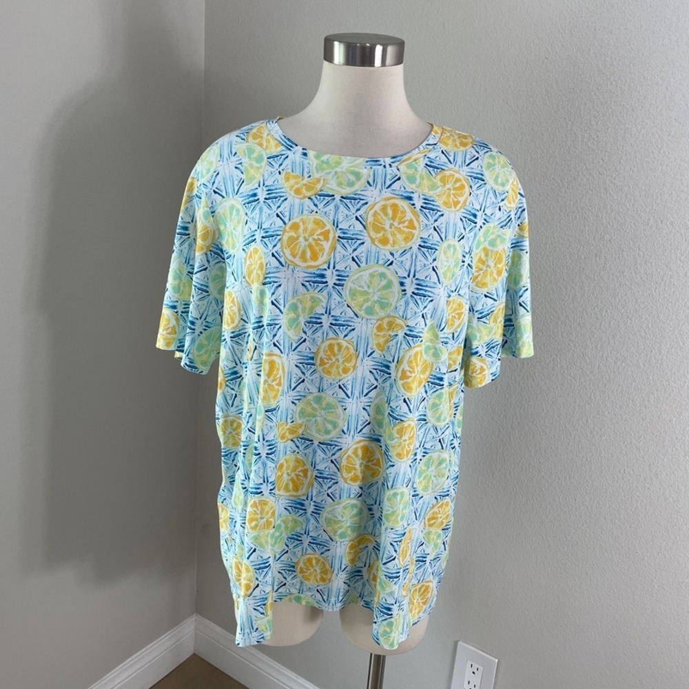 Lands End Womens Plus 1X 16W-18W Blue‎ Yellow Lemon Short Sleeve T Shirt Tee